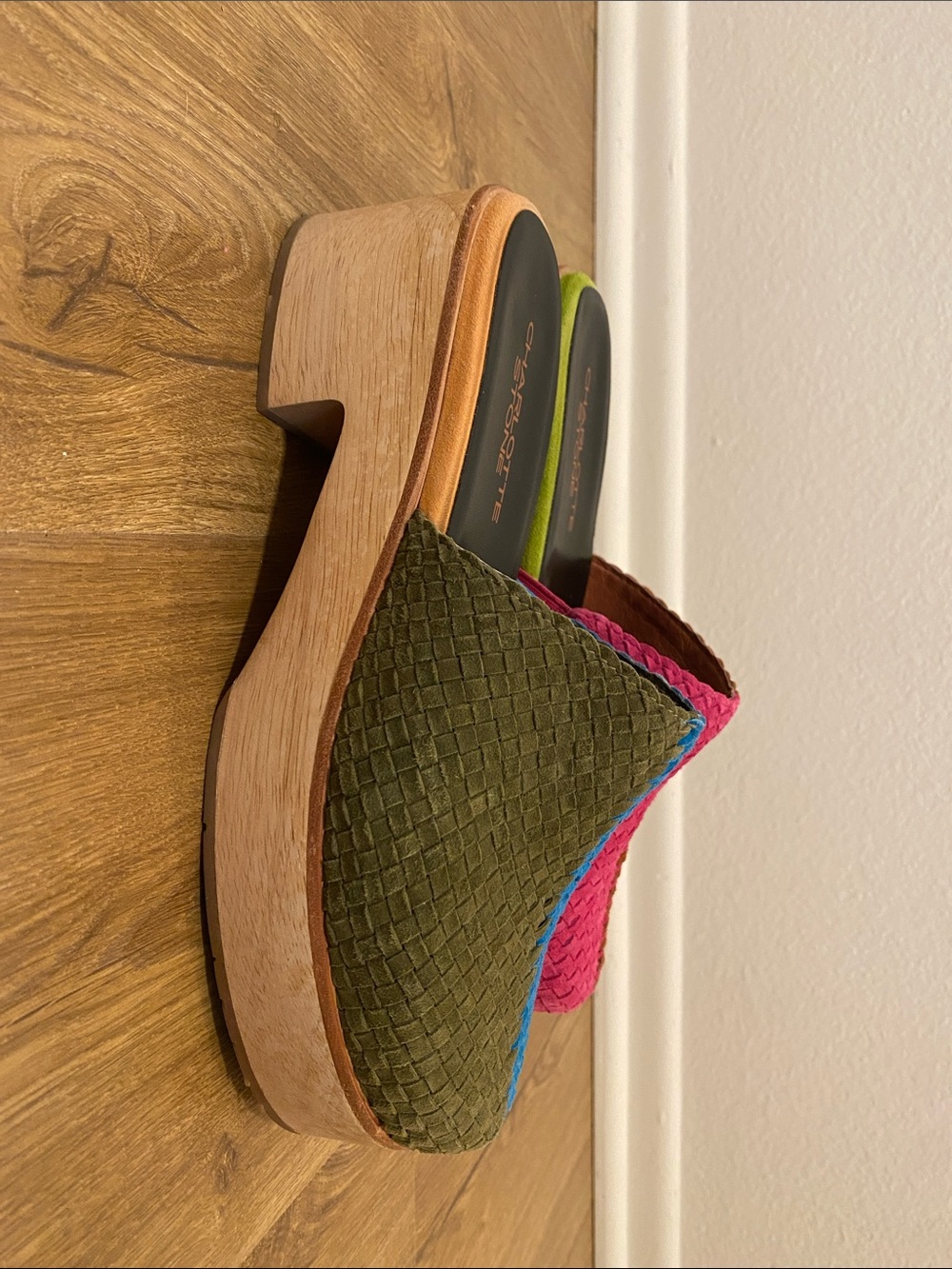 Charlotte Stone Two-Tone Woven Suede Slip-On Mules in Blue, Pink, Olive & Rust - Picture 3 of 5